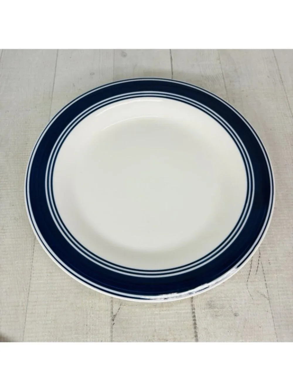 Mainstays CASUAL BANDED ROYAL BLUE Rings Stoneware White Dinner Plates Set of 4